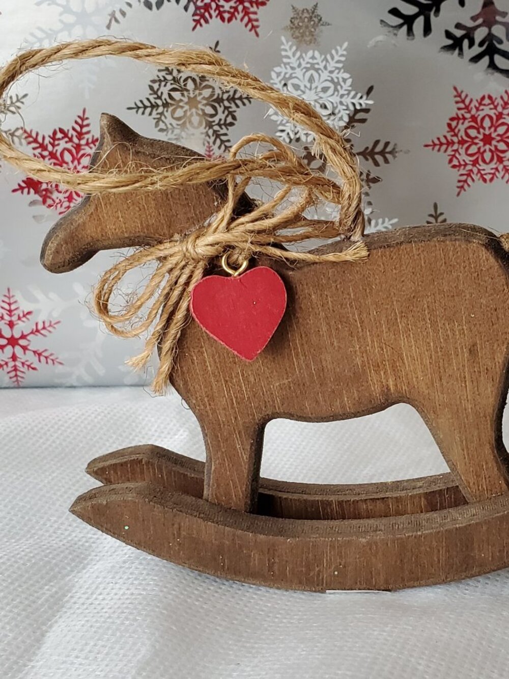 Vintage "Midwest" Taiwan Wooden Rocking Horse w/ Heart Christmas Ornament